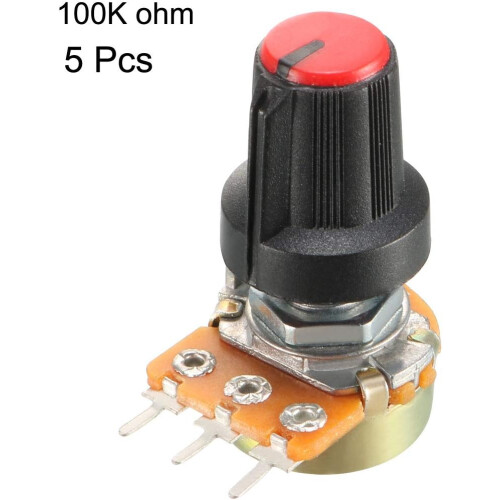 5Pcs 100K Ohm Variable Resistors Single Turn Rotary Carbon Film Taper Potentiometer with Knobs 1