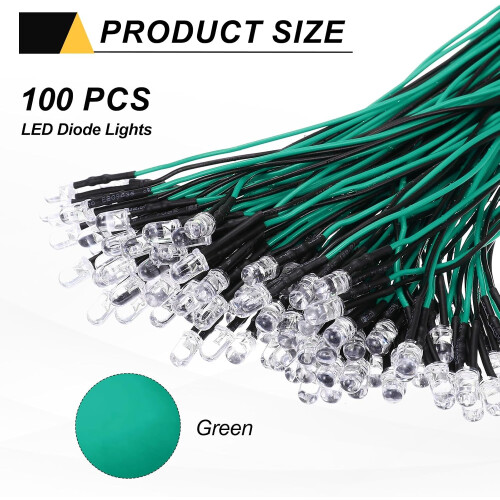 100pcs 5mm LED Diode Lights, Green DC 12V Pre-Wired Small Emitting LED Light High Brightness 1