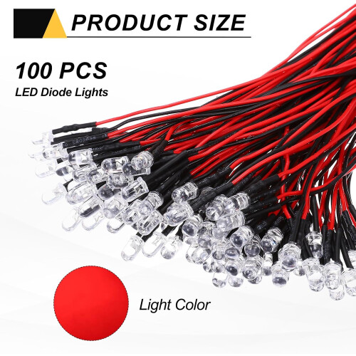 100pcs 5mm LED Diode Lights, Red Light DC 12V Pre-Wired Small Emitting LED Light High Brightness 1