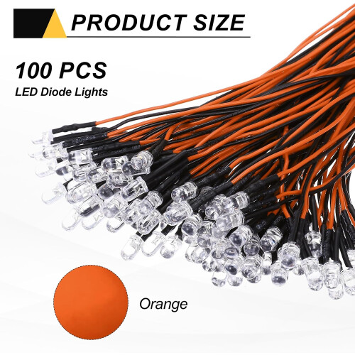 100pcs 5mm LED Diode Lights, Orange Light DC 12V Pre-Wired Small Emitting LED Light High Brightness 1