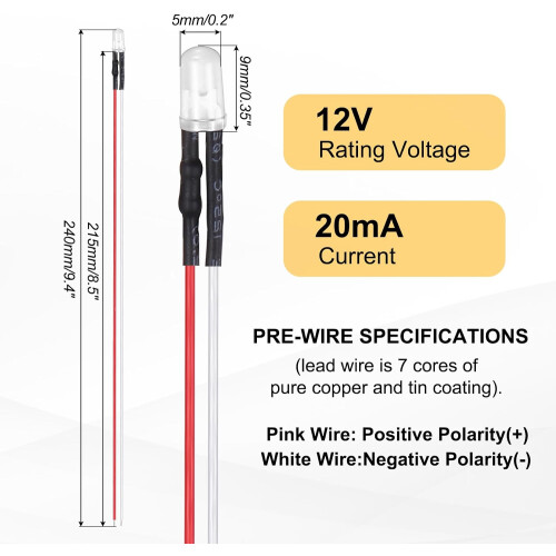 100pcs 5mm LED Diode Lights, Pink Light DC 12V Pre-Wired Small Emitting LED Light High Brightness 2