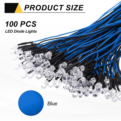 100pcs 5mm LED Diode Lights, Blue Light DC 12V Pre-Wired Small Emitting LED Light High Brightness 1