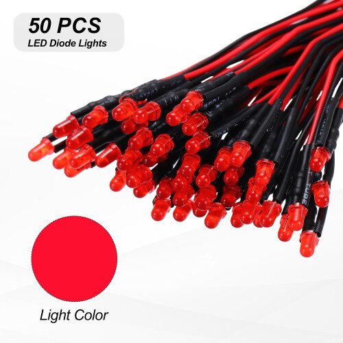 50pcs 3mm LED Diode Lights, Red Light DC 12V Pre-Wired Small Emitting LED Light High Brightness 1