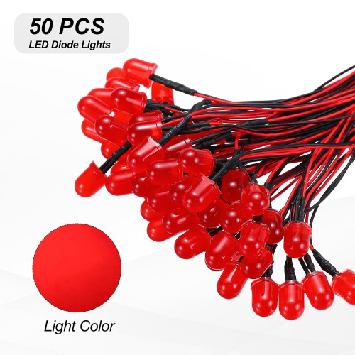 50pcs 10mm LED Diode Lights, Red Light DC 12V Pre-Wired Small Emitting LED Light High Brightness 1