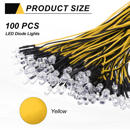 100pcs 5mm LED Diode Lights, Yellow Light DC 12V Pre-Wired Small Emitting LED Light High Brightness 1