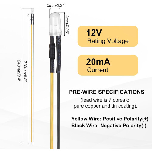 100pcs 5mm LED Diode Lights, Yellow Light DC 12V Pre-Wired Small Emitting LED Light High Brightness 2