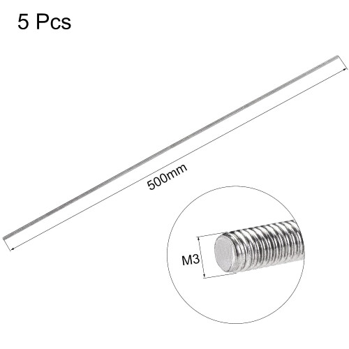 5Pcs M3 x 500mm Fully Threaded Rod 304 Stainless Steel Right Hand Threads 1