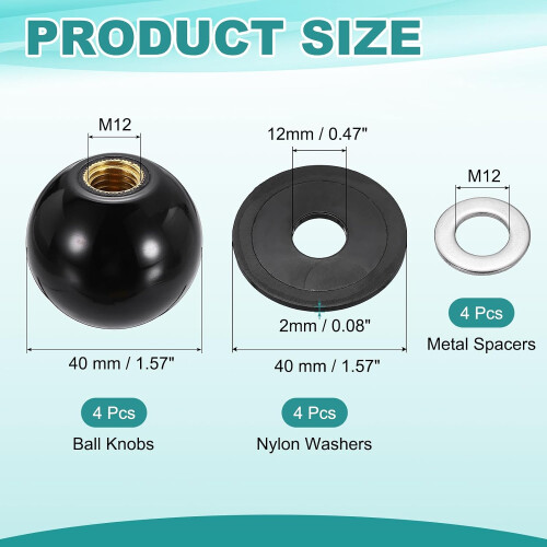 4Pcs Threaded Ball Knobs, M12 x 40mm Phenolic Plastic Thread Ball Handles Balls Nuts Knob Caps Nut Balls with Threaded Insert for Machine Lever Handle 1