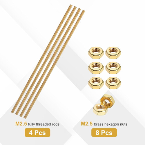 4 Sets Brass Fully Threaded Rod, M2.5x0.45mm Pitch Right Hand Threads Studs with Solid Brass Hex Nuts, 100mm/4 Long Threaded Screw Rods Fasteners for 2
