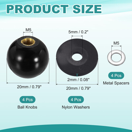 4Pcs Threaded Ball Knobs, M5 x 20mm Phenolic Plastic Thread Ball Handles Balls Nuts Knob Caps Nut Balls with Threaded Insert for Machine Lever Handle 1