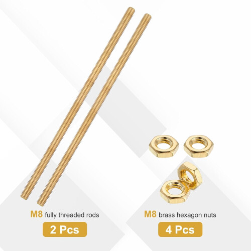 2 Sets Brass Fully Threaded Rod, M8x1.25mm Pitch Right Hand Threads Studs with Solid Brass Hex Nuts, 200mm/8 Long Threaded Screw Rods Fasteners for An 2