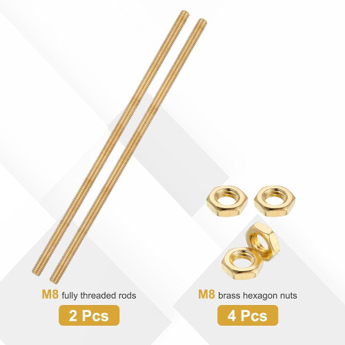 2 Sets Brass Fully Threaded Rod, M8x1.25mm Pitch Right Hand Threads Studs with Solid Brass Hex Nuts, 250mm/10 Long Threaded Screw Rods Fasteners for A 2