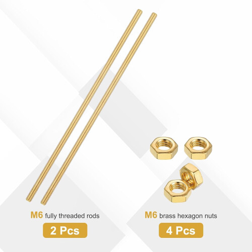 2 Sets Brass Fully Threaded Rod, M6x1mm Pitch Right Hand Threads Studs with Solid Brass Hex Nuts, 200mm/8 Long Threaded Screw Rods Fasteners for Ancho 2