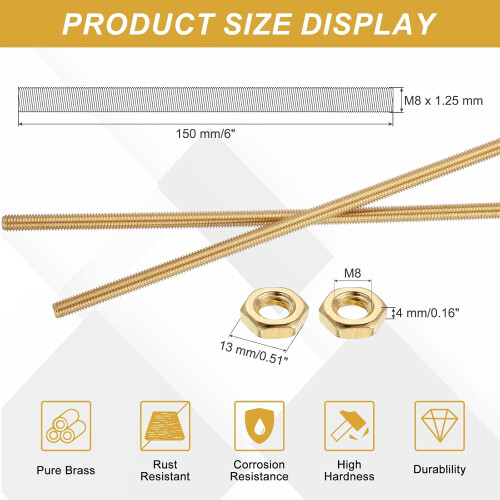 2 Sets Brass Fully Threaded Rod, M8x1.25mm Pitch Right Hand Threads Studs with Solid Brass Hex Nuts, 150mm/6 Long Threaded Screw Rods Fasteners for An 1