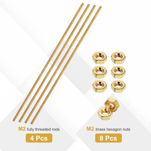 4 Sets Brass Fully Threaded Rod, M2x0.4mm Pitch Right Hand Threads Studs with Solid Brass Hex Nuts, 100mm/4 Long Threaded Screw Rods Fasteners for Anc 2
