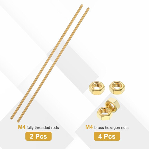 2 Sets Brass Fully Threaded Rod, M4x0.7mm Pitch Right Hand Threads Studs with Solid Brass Hex Nuts, 200mm/8 Long Threaded Screw Rods Fasteners for Anc 2