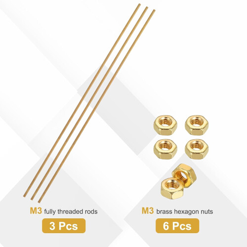 3 Sets Brass Fully Threaded Rod, M3x0.5mm Pitch Right Hand Threads Studs with Solid Brass Hex Nuts, 250mm/10 Long Threaded Screw Rods Fasteners for An 2