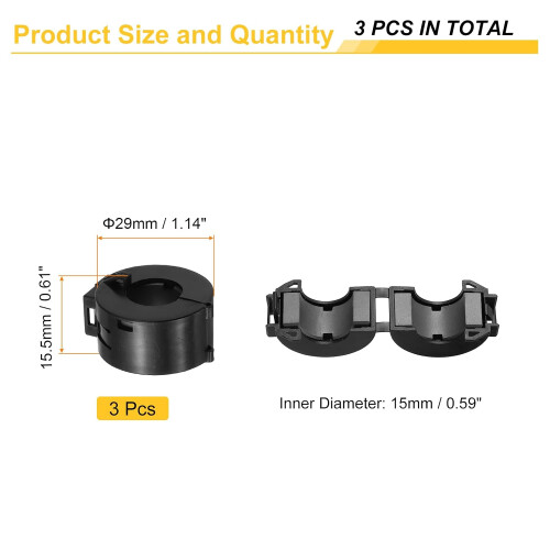 3 Pcs Ferrite Filter Ring Core RFI EMI Noise Suppression Cable Clip ID 15mm 0.59Inch with Base for Electronic Devices, Industry, Black 1