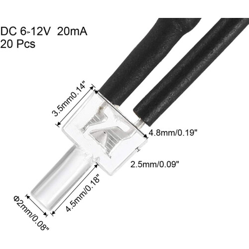20Pcs 2mm Pre Wired LED, White DC6-12V Diffused Lens, Light Emitting Diodes 1
