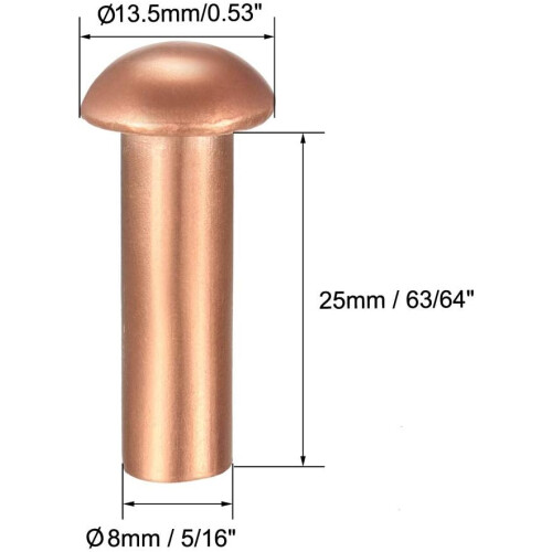 10 Pcs 5/16" x 63/64" Round Head Copper Solid Rivets Fasteners 1