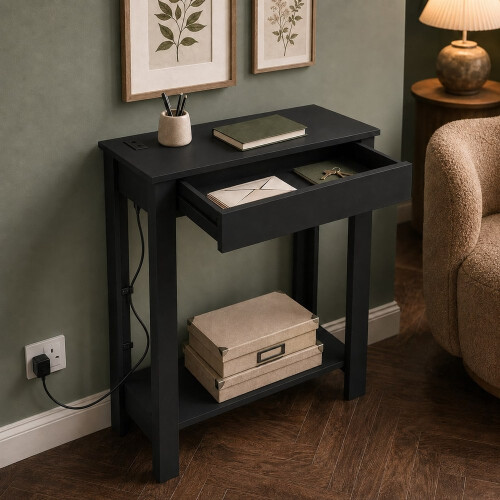 (1 Drawer, Black) Hallway Console Table with USB Ports and Shelf 2