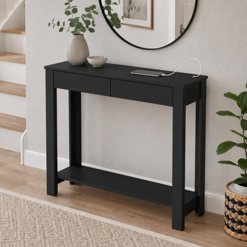 (2 Drawer, Black) Hallway Console Table with USB Ports and Shelf 1