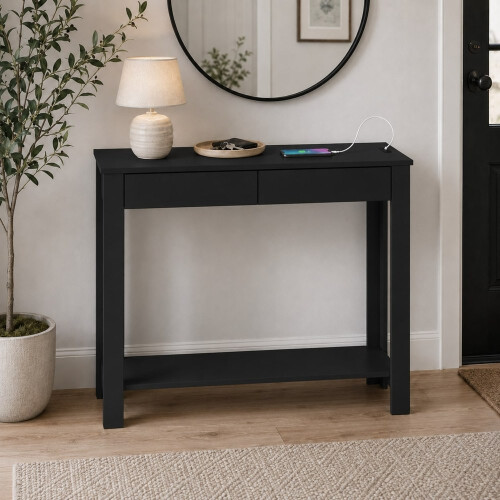 (2 Drawer, Black) Hallway Console Table with USB Ports and Shelf 2