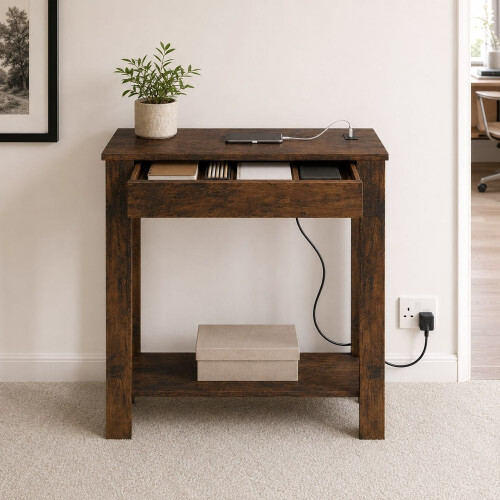 (1 Drawer, Dark Oak) Hallway Console Table with USB Ports and Shelf 1