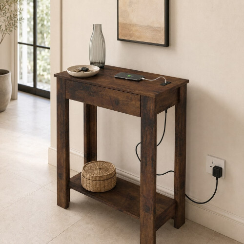 (1 Drawer, Dark Oak) Hallway Console Table with USB Ports and Shelf 2