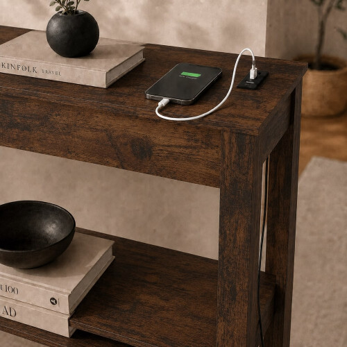 (High Front, Rustic Oak) Hallway Console Table with USB Ports and Shelf 1
