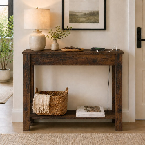 (High Front, Rustic Oak) Hallway Console Table with USB Ports and Shelf 2