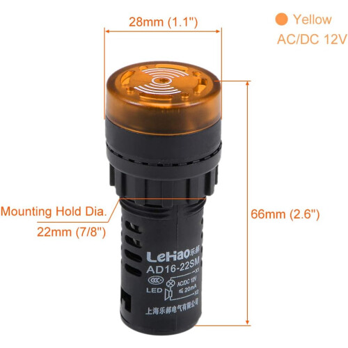 5Pcs Yellow Indicator Light with Buzzer AC/DC 12V, 22mm Panel Mount Flashing Alarm, for Electrical Control Panel, HVAC, DIY Projects 1