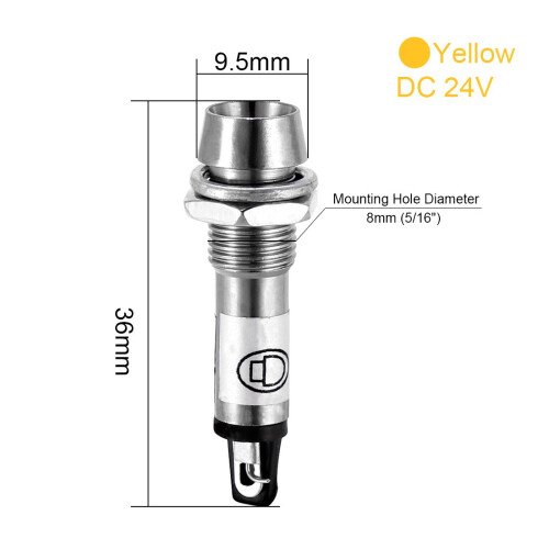 Indicator Light DC 24V, Yellow, Metal Shell Panel Mount 5/16" 8mm 4Pcs 1