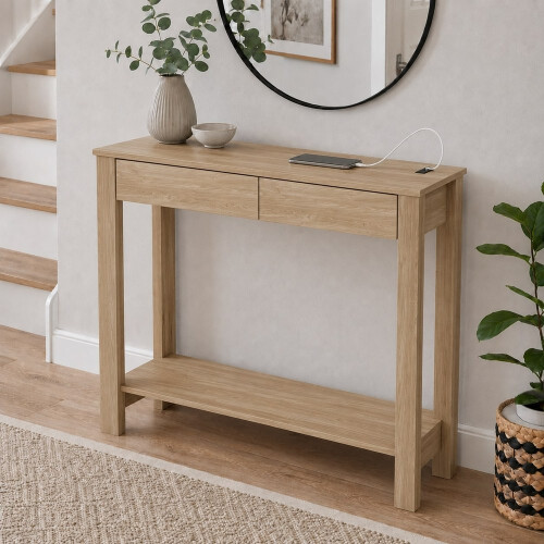 (2 Drawer, Oak) Hallway Console Table with USB Ports and Shelf 1