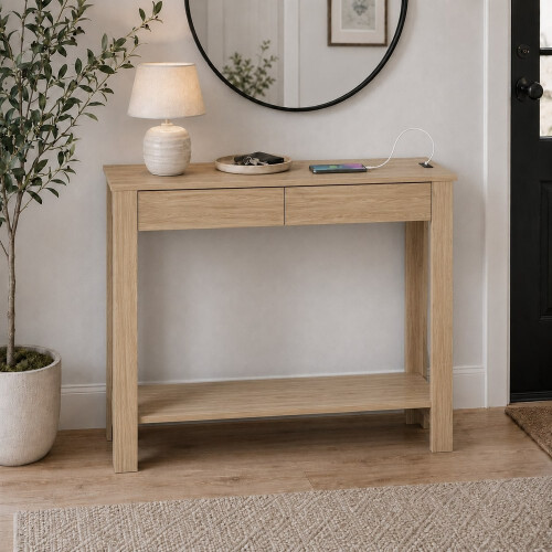 (2 Drawer, Oak) Hallway Console Table with USB Ports and Shelf 2
