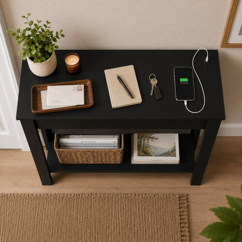 (High Front, Black) Hallway Console Table with USB Ports and Shelf 2