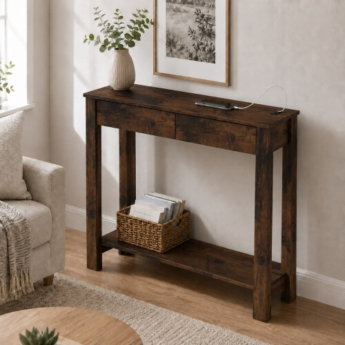 (2 Drawer, Rustic Oak) Hallway Console Table with USB Ports and Shelf 2