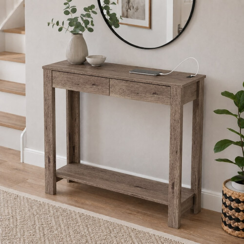 (2 Drawer, Dark Oak) Hallway Console Table with USB Ports and Shelf 1