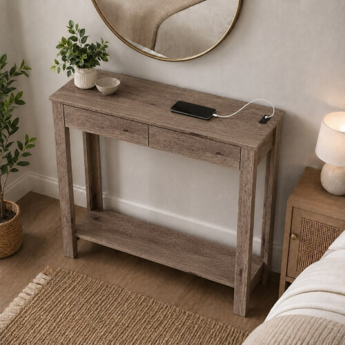 (2 Drawer, Dark Oak) Hallway Console Table with USB Ports and Shelf 2