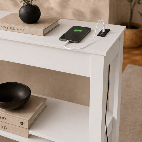 (High Front, White) Hallway Console Table with USB Ports and Shelf 1