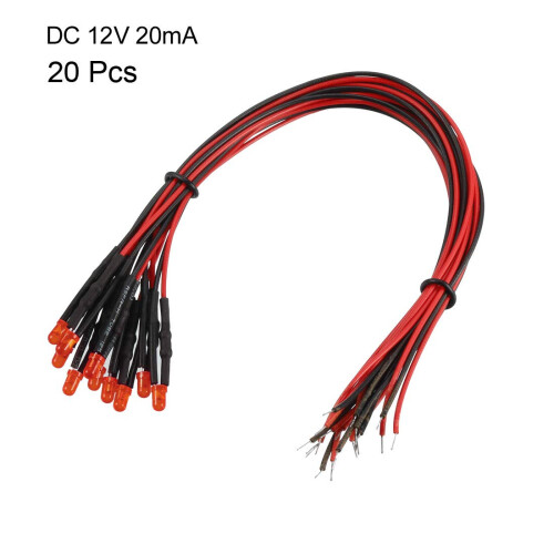 20Pcs 3mm Pre Wired LED, Red DC12V Diffused Lens, Light Emitting Diodes 1