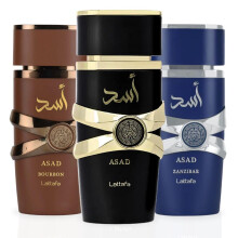 LATTAFA Asad, Asad Zanzibar & Asad Bourbon EDP Sprays 100ML (3.4 OZ) A Trio Of Bold, Spicy & Warm Scents That Blend Sophistication With A Daring Edge.