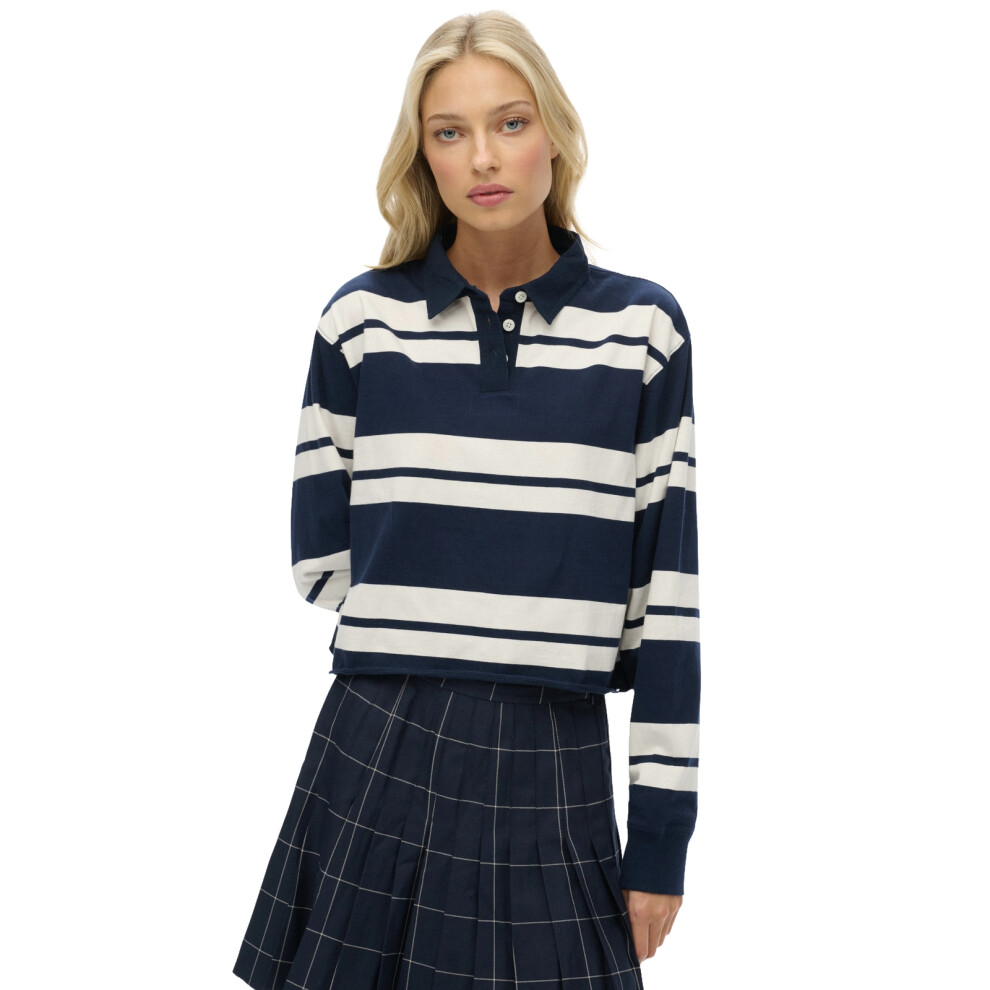 Superdry Women's Blue Long-Sleeved Polo Shirt Athletic Essentials Stripe - Image 4