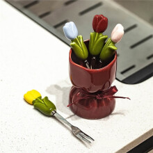 Set Tulpvormige Fruitvorkjes, Keramische Pot, Dessertvorkjes met Opbergpot, Comfortabele Grip, Fruitreceptenpot