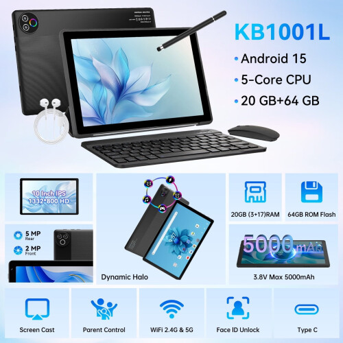 Android 15 10.1" Tablet 20GB RAM + 64GB ROM WiFi 6 BT5.4 Dual Camera Black 1