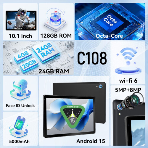 10.1 inch Tablet Android 15 24GB RAM 128GB ROM Dual Camera WIFI Octa-Core Touch！ 1