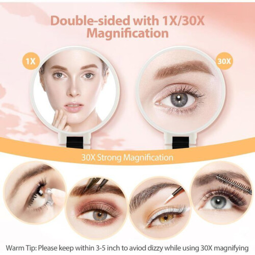 30X Magnifying Mirror with Handle – Double-Sided Makeup Mirror (1X/30X), Foldable & Portable – White 1