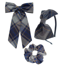 ClassExceed 3-Piece School Hair Accessory Gift Set - Longtail Bow, Headband & Scrunchie | Handmade in USA |Classic Navy Blue Gold Gray Plaid (Plaid 57