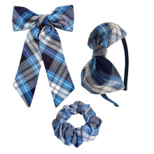 ClassExceed 3-Piece School Hair Accessory Gift Set - Longtail Bow, Headband & Scrunchie | Handmade in USA | Clear Blue White Navy Plaid (Plaid 76)