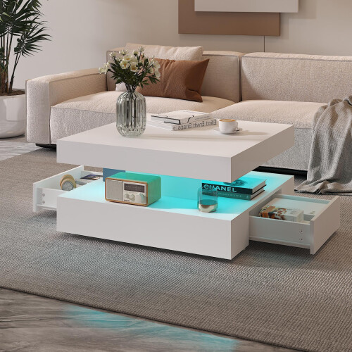White LED Coffee Table with 2 Storage Drawers